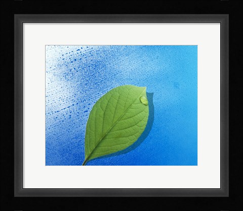 Framed Green leaf floating above streaked water drops Print