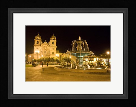 Framed Fountain lit up at night at a town square, Cuzco, Cusco Province, Cusco Region, Peru Print