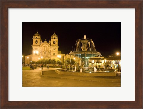 Framed Fountain lit up at night at a town square, Cuzco, Cusco Province, Cusco Region, Peru Print