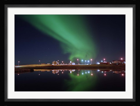 Framed Aurora Borealis over a town, Njardvik, Iceland Print