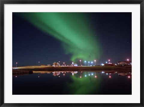 Framed Aurora Borealis over a town, Njardvik, Iceland Print