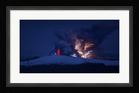 Framed Erupting Volcano at Night, Eyjafjallajokull, Iceland Print