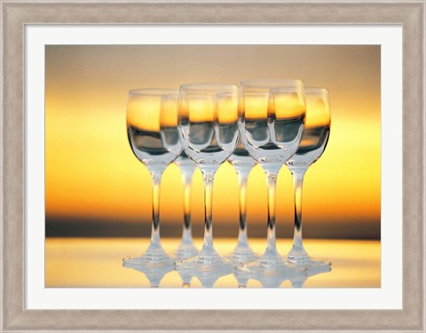 Framed Row Of Wineglasses Against Golden Yellow shiny Background Print