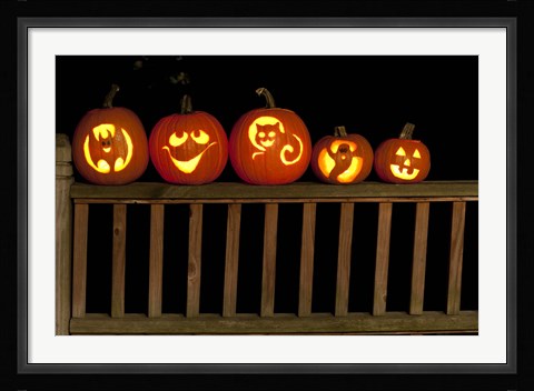 Framed Jack o' lanterns lit up at night, Atlanta, Georgia, USA Print