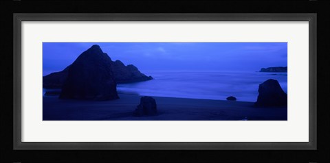 Framed Silhouette of rock formations in the sea at dusk, Myers Creek Beach, Oregon Print