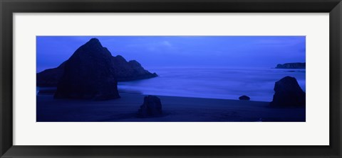 Framed Silhouette of rock formations in the sea at dusk, Myers Creek Beach, Oregon Print