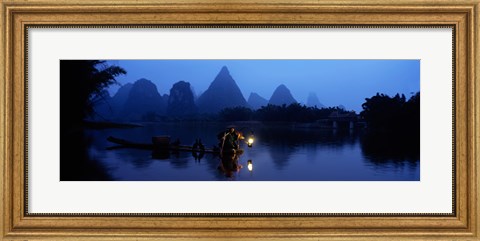 Framed Fisherman fishing at night, Li River , China Print