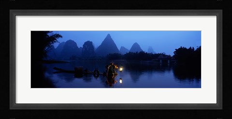 Framed Fisherman fishing at night, Li River , China Print