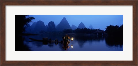Framed Fisherman fishing at night, Li River , China Print