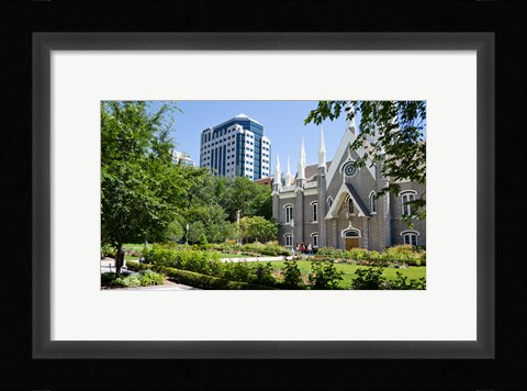 Framed Assembly hall in a city, Salt Lake Assembly Hall, Temple Square, Salt Lake City, Utah, USA Print