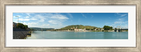 Framed Town at the waterfront, vineyards on the hill in background, Tain-l&#39;Hermitage, Rhone River, Rhone-Alpes, France Print