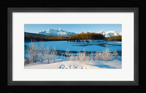 Framed Frozen river with mountain range in the background, Mt Fryatt, Athabaska River, Jasper National Park, Alberta, Canada Print