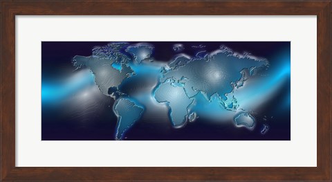 Framed Map of the world with blue trail Print