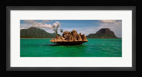 Framed Rock in Indian Ocean with mountain the background, Le Morne Mountain, Mauritius Island, Mauritius Print