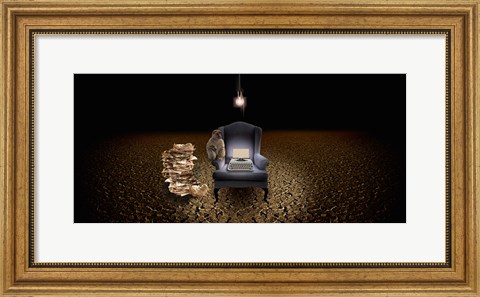 Framed Chair with a monkey and typewriter in the desert Print