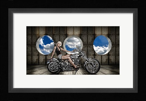 Framed Woman sitting on a motorcycle Print
