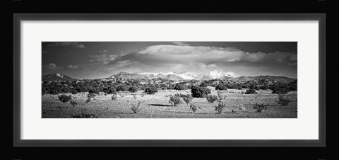 Framed High desert plains landscape with snowcapped Sangre de Cristo Mountains in the background, New Mexico (black and white) Print