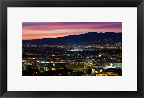 Framed High angle view of a city at dusk, Culver City, West Los Angeles, Santa Monica Mountains, Los Angeles County, California, USA Print