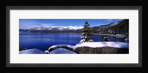 Framed Lake with a snowcapped mountain range in the background, Sand Harbor, Lake Tahoe, California, USA Print