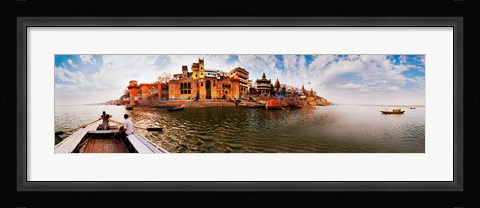 Framed Buildings at riverbank viewed from a boat, Ganges River, Varanasi, Uttar Pradesh, India Print