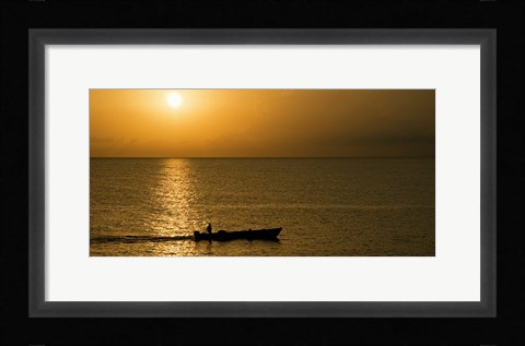 Framed Fishing boat in the sea at sunset, Negril, Westmoreland, Jamaica Print