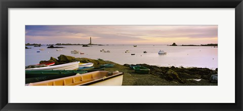 Framed Boats at Lilia with lighthouse in background on Iles Vierge, Brittany, France Print