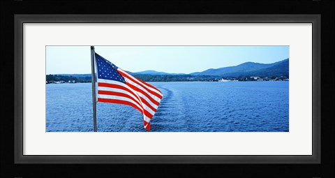 Framed Flag and view from the Minne Ha Ha Steamboat, Lake George, New York State, USA Print