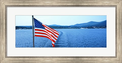 Framed Flag and view from the Minne Ha Ha Steamboat, Lake George, New York State, USA Print