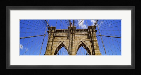 Framed Low angle view of a suspension bridge, Brooklyn Bridge, New York City, New York State, USA Print