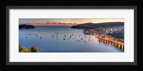 Framed Elevated view of a city at dusk, Villefranche-Sur-Mer, Alpes-Maritimes, Provence-Alpes-Cote d'Azur, France Print