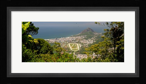 Framed Aerial view of a town on an island, Ipanema Beach, Leblon Beach, Corcovado, Rio De Janeiro, Brazil Print