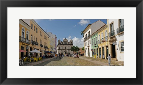 Framed Sidewalk cafes on a street in Pelourinho, Salvador, Bahia, Brazil Print