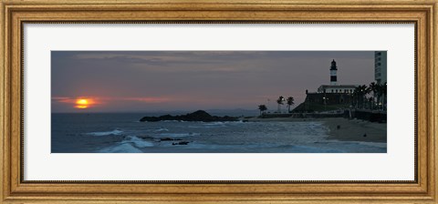 Framed Porto Da Barra Beach with Forte De Santo Antonio Lighthouse at sunset, Salvador, Bahia, Brazil Print