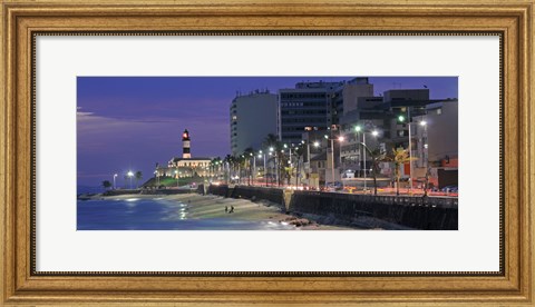 Framed Buildings at Porto Da Barra Beach with Forte De Santo Antonio Lighthouse at evening, Salvador, Bahia, Brazil Print