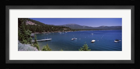Framed Boats in a lake with mountains in the background, Lake Tahoe, California, USA Print