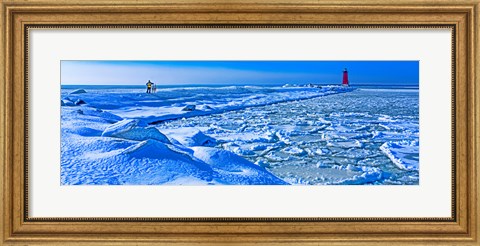 Framed Manistique Lighthouse in winter, Upper Peninsula, Michigan, USA Print