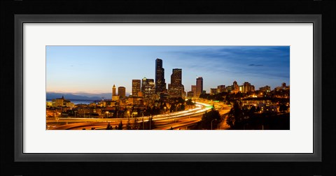 Framed Skyscrapers lit up at dusk in a city, Seattle, King County, Washington State, USA 2013 Print