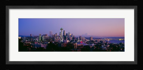 Framed High angle view of a city at sunrise, Seattle, Mt Rainier, Washington State Print