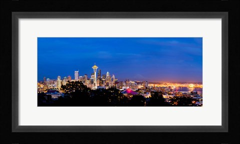 Framed High angle view of a city at dusk, Seattle, King County, Washington State, USA 2012 Print