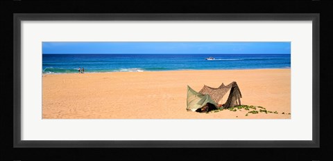 Framed Tent on the beach, Polihale State Park, Kauai, Hawaii, USA Print