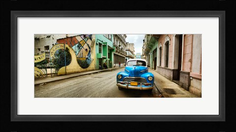 Framed Old car and a mural on a street, Havana, Cuba Print