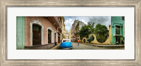 Framed Car in a street with a government building in the background, El Capitolio, Havana, Cuba Print