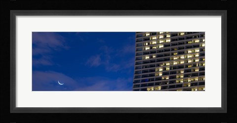 Framed Low angle view of the Marina Bay Sands Shopping Centre with crescent moon, Marina Bay, Singapore Print