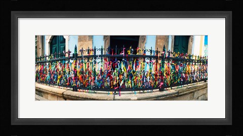Framed Colorful Bonfim wish ribbons tied around at Church of Nosso Senhor do Bonfim, Pelourinho, Salvador, Bahia, Brazil Print