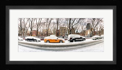 Framed Snow covered cars parked on the street in a city, Lower East Side, Manhattan, New York City, New York State, USA Print