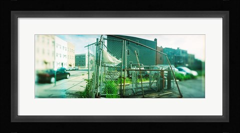 Framed Broken gate to a construction yard on a street, Williamsburg, Brooklyn, New York City, New York State, USA Print