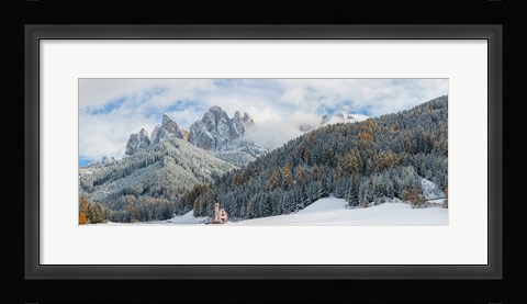 Framed Little church at the snowy valley in winter, St Johann Church, Val di Funes, Dolomites, Italy Print