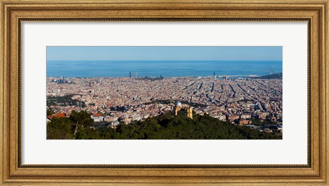 Framed Aerial View of Barcelona and Mediterranean, Spain Print