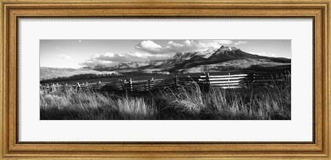 Framed Fence with mountains in the background, Colorado (black and white) Print