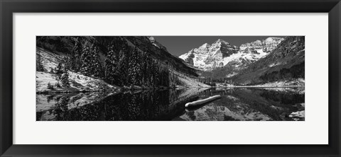 Framed Reflection of a mountain in a lake in black and white, Maroon Bells, Aspen, Colorado Print